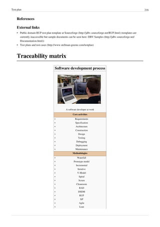Test plan 216
References
External links
• Public domain RUP test plan template at Sourceforge (http://jdbv.sourceforge.net/RUP.html) (templates are
currently inaccessible but sample documents can be seen here: DBV Samples (http://jdbv.sourceforge.net/
Documentation.html))
• Test plans and test cases (http://www.stellman-greene.com/testplan)
Traceability matrix
Software development process
A software developer at work
Core activities
•• Requirements
•• Specification
•• Architecture
•• Construction
•• Design
•• Testing
•• Debugging
•• Deployment
•• Maintenance
Methodologies
•• Waterfall
•• Prototype model
•• Incremental
•• Iterative
•• V-Model
•• Spiral
•• Scrum
•• Cleanroom
•• RAD
•• DSDM
•• RUP
•• XP
•• Agile
•• Lean
 