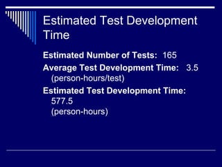 Estimated Test Development
Time
Estimated Number of Tests: 165
Average Test Development Time: 3.5
(person-hours/test)
Estimated Test Development Time:
577.5
(person-hours)
 