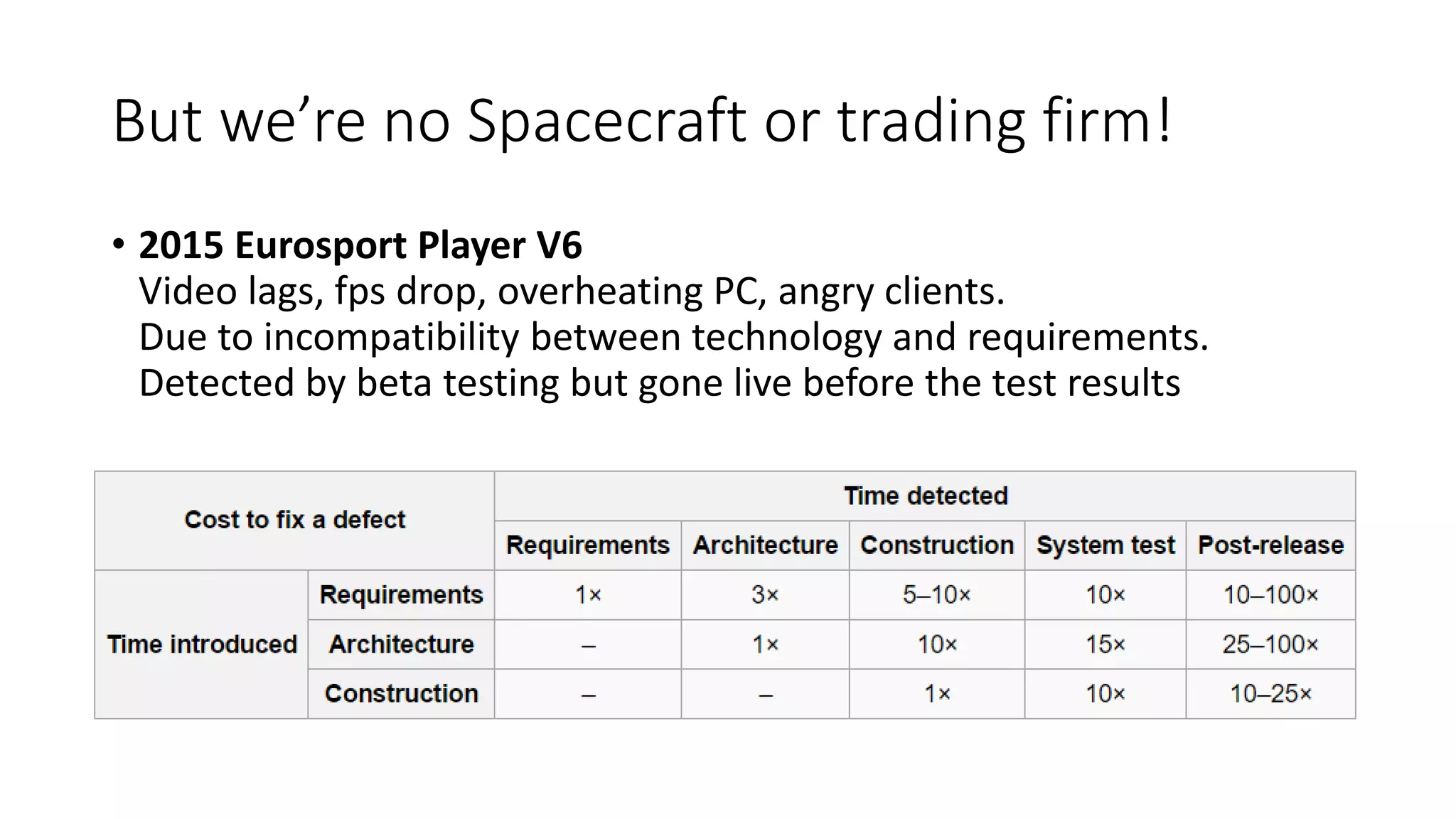 But we’re no Spacecraft or trading firm!
• 2015 Eurosport Player V6
Video lags, fps drop, overheating PC, angry clients.
Due to incompatibility between technology and requirements.
Detected by beta testing but gone live before the test results
 