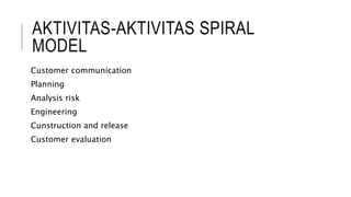 AKTIVITAS-AKTIVITAS SPIRAL
MODEL
Customer communication
Planning
Analysis risk
Engineering
Cunstruction and release
Customer evaluation
 
