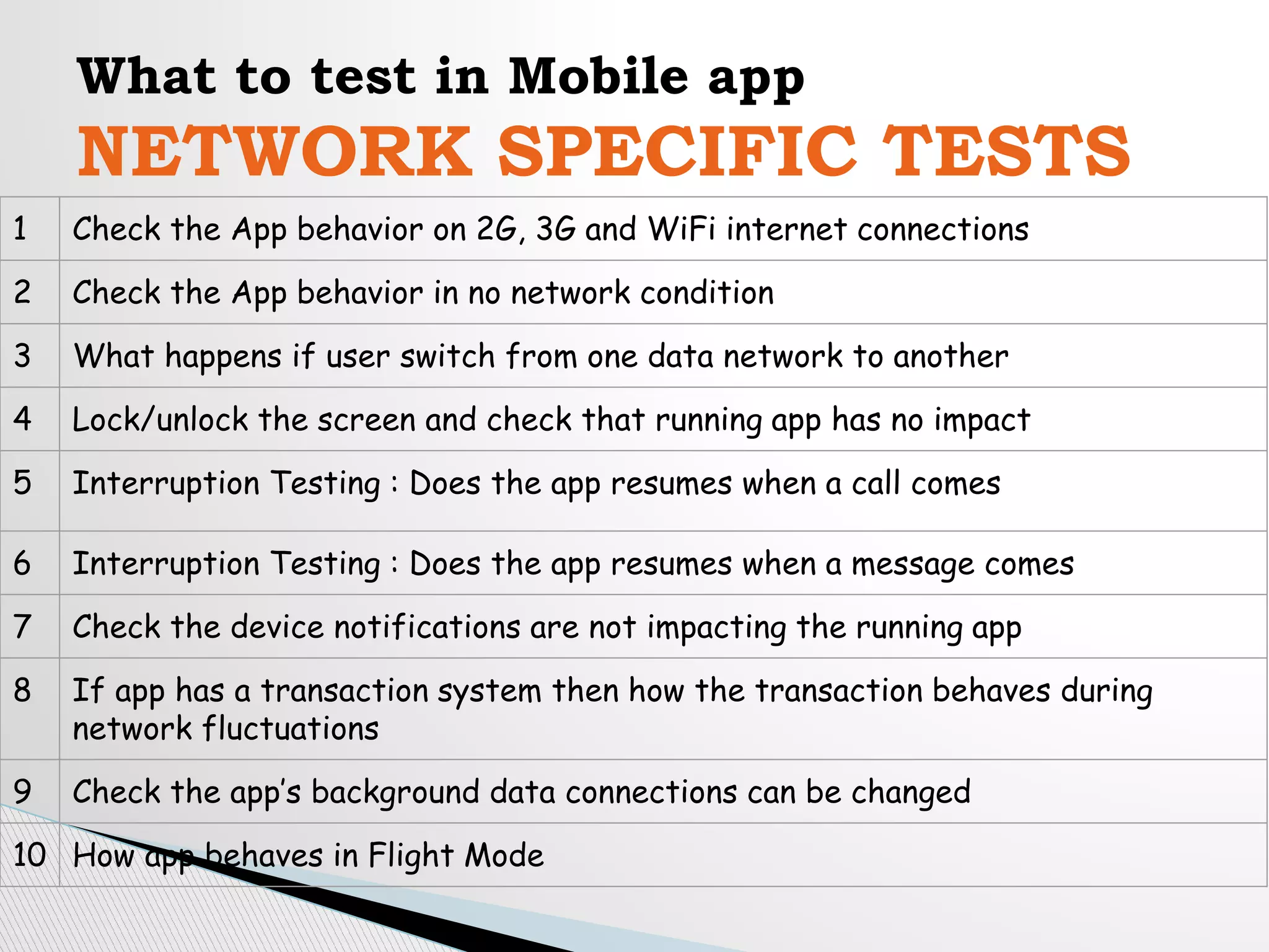 What to test in Mobile app
NETWORK SPECIFIC TESTS
1 Check the App behavior on 2G, 3G and WiFi internet connections
2 Check the App behavior in no network condition
3 What happens if user switch from one data network to another
4 Lock/unlock the screen and check that running app has no impact
5 Interruption Testing : Does the app resumes when a call comes
6 Interruption Testing : Does the app resumes when a message comes
7 Check the device notifications are not impacting the running app
8 If app has a transaction system then how the transaction behaves during
network fluctuations
9 Check the app’s background data connections can be changed
10 How app behaves in Flight Mode
 