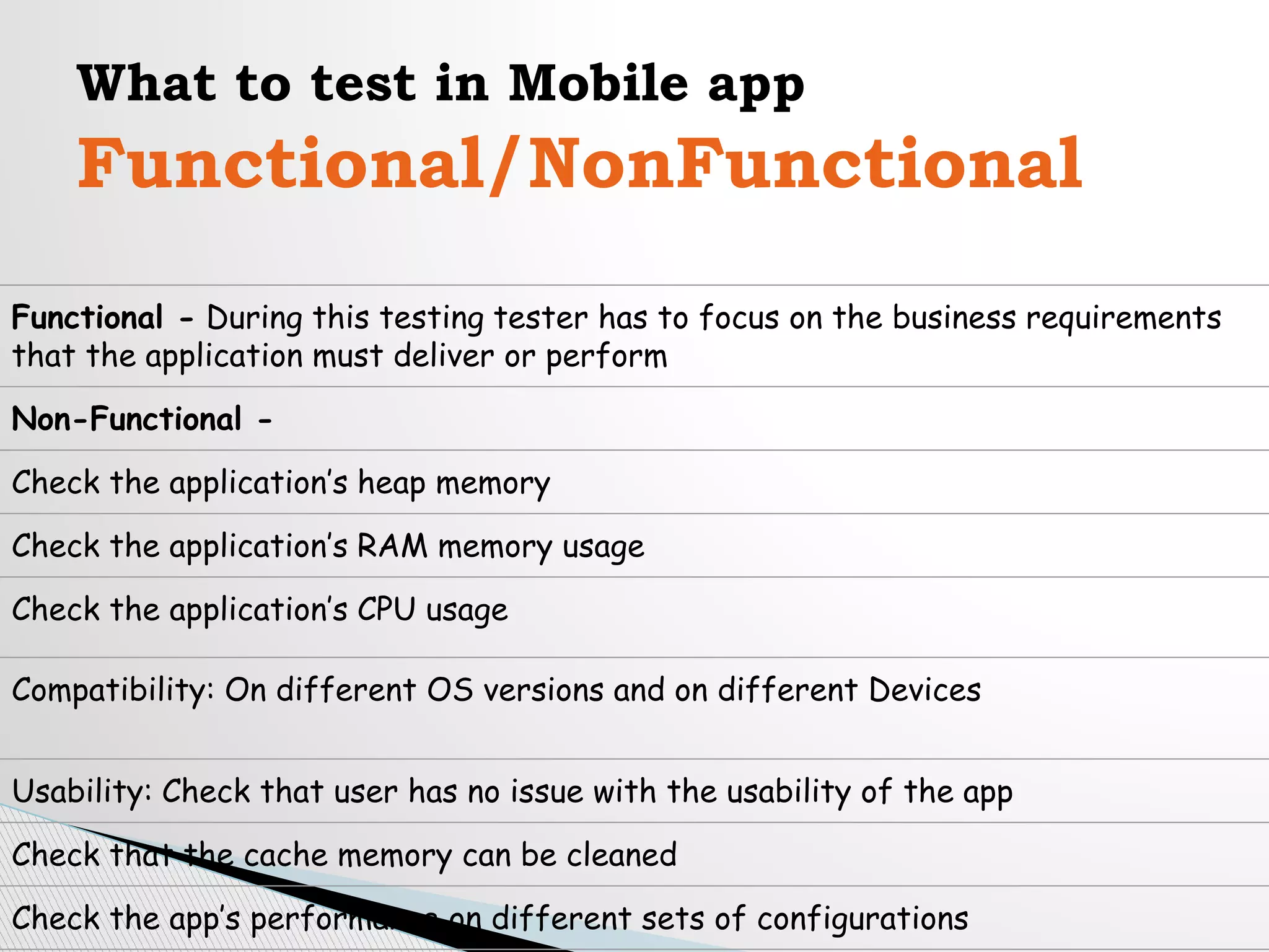 What to test in Mobile app
Functional/NonFunctional
Functional - During this testing tester has to focus on the business requirements
that the application must deliver or perform
Non-Functional -
Check the application’s heap memory
Check the application’s RAM memory usage
Check the application’s CPU usage
Compatibility: On different OS versions and on different Devices
Usability: Check that user has no issue with the usability of the app
Check that the cache memory can be cleaned
Check the app’s performance on different sets of configurations
 