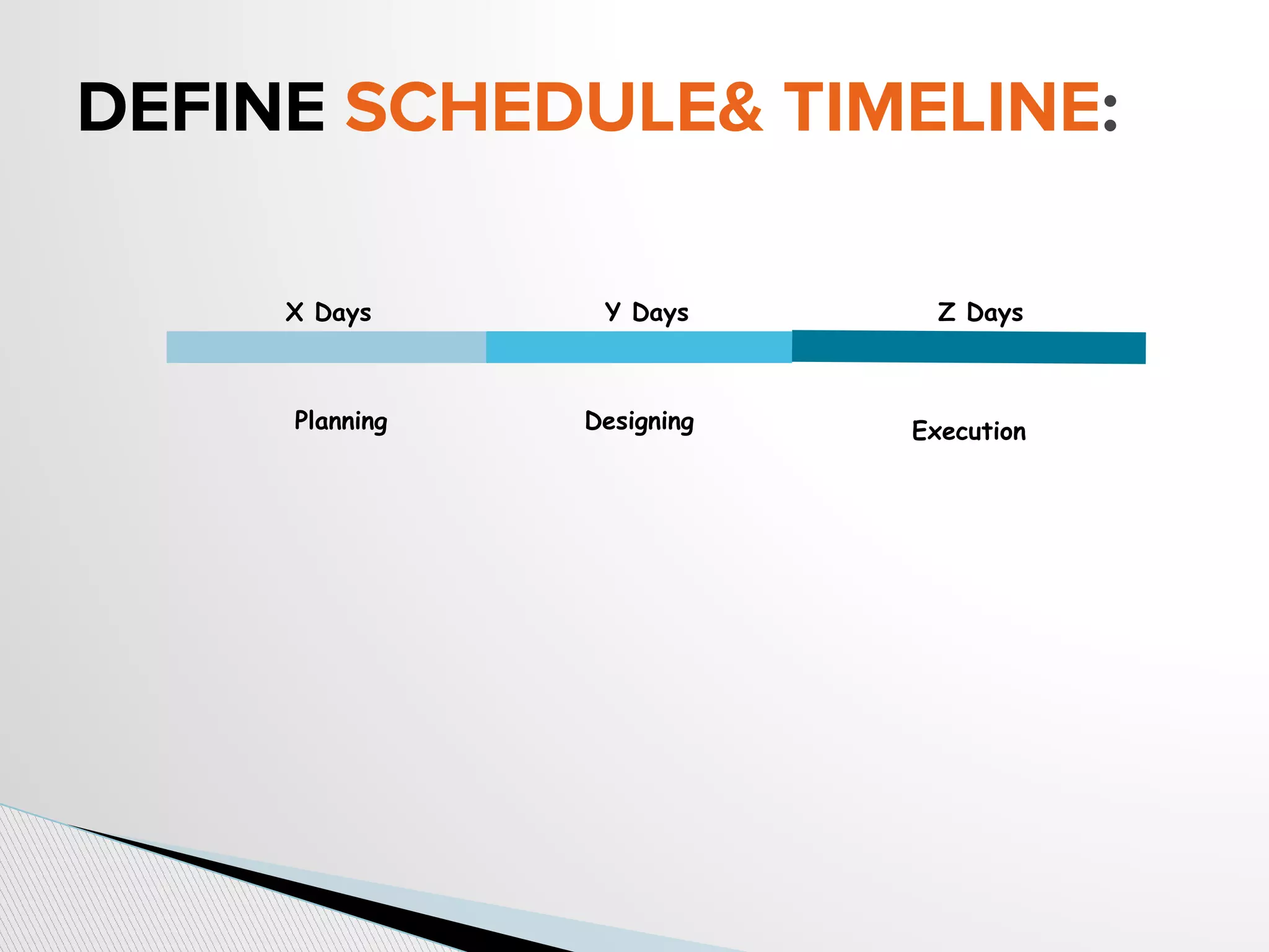 DEFINE SCHEDULE& TIMELINE:
Planning Designing Execution
X Days Y Days Z Days
 