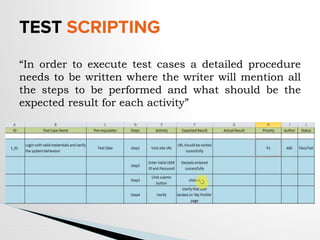 TEST SCRIPTING
“In order to execute test cases a detailed procedure
needs to be written where the writer will mention all
the steps to be performed and what should be the
expected result for each activity”
 