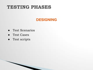 TESTING PHASES
DESIGNING
● Test Scenarios
● Test Cases
● Test scripts
 