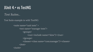 JUnit 4.+ vs TestNG
Test Suites…
Test Suite example in with TestNG
<suite name=“unit tests” >
<test name=“manager tests”>
<groups>
<run><include name=“slow”/></run>
</groups>
<classes><class name=“com.manager”/><classes>
</test>
</suite>
 