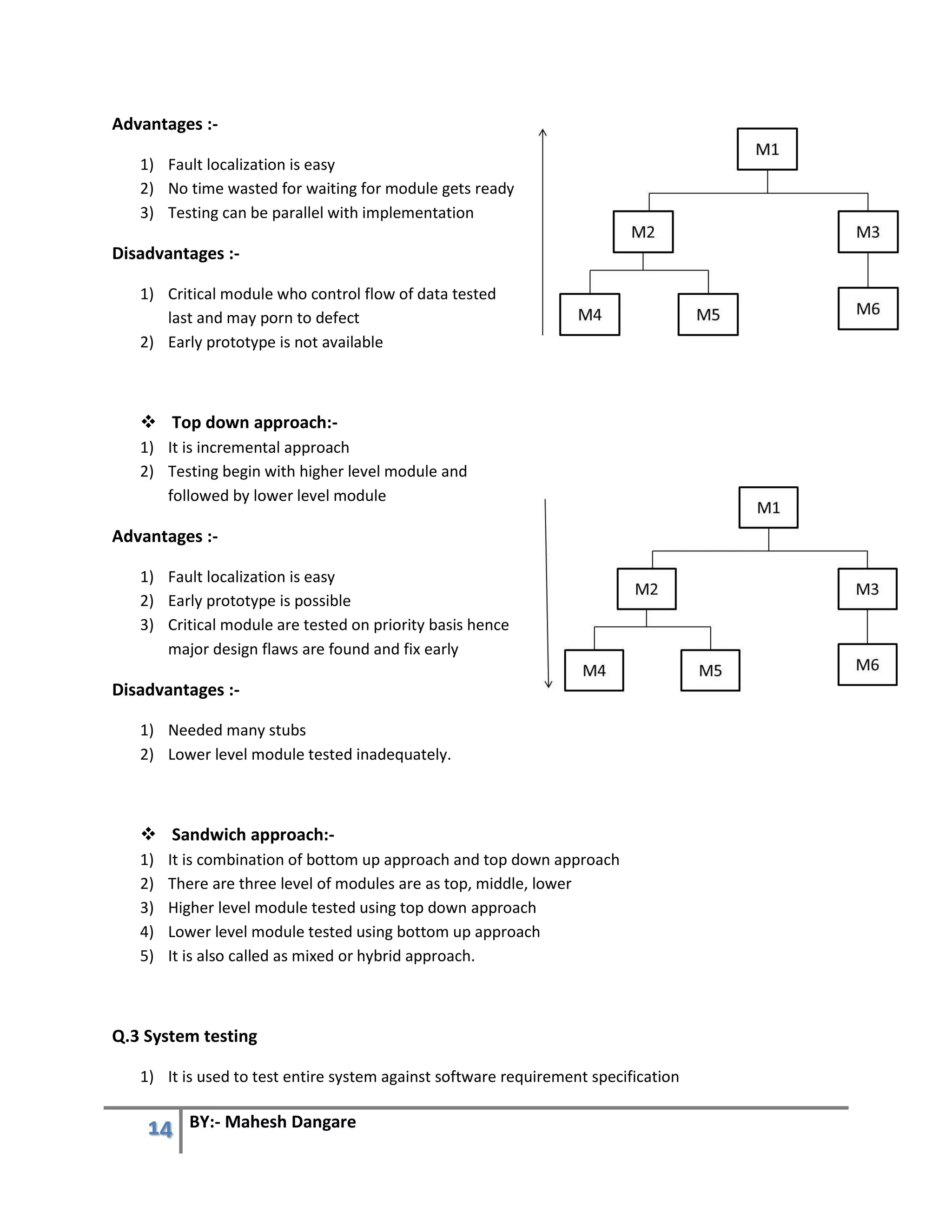14 BY:- Mahesh Dangare
Advantages :-
1) Fault localization is easy
2) No time wasted for waiting for module gets ready
3) Testing can be parallel with implementation
Disadvantages :-
1) Critical module who control flow of data tested
last and may porn to defect
2) Early prototype is not available
 Top down approach:-
1) It is incremental approach
2) Testing begin with higher level module and
followed by lower level module
Advantages :-
1) Fault localization is easy
2) Early prototype is possible
3) Critical module are tested on priority basis hence
major design flaws are found and fix early
Disadvantages :-
1) Needed many stubs
2) Lower level module tested inadequately.
 Sandwich approach:-
1) It is combination of bottom up approach and top down approach
2) There are three level of modules are as top, middle, lower
3) Higher level module tested using top down approach
4) Lower level module tested using bottom up approach
5) It is also called as mixed or hybrid approach.
Q.3 System testing
1) It is used to test entire system against software requirement specification
 