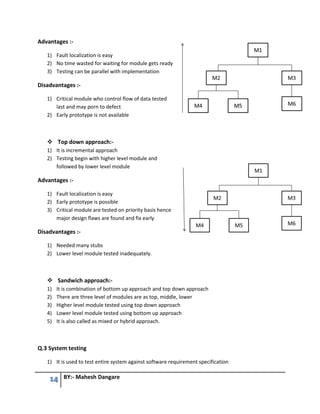 14 BY:- Mahesh Dangare
Advantages :-
1) Fault localization is easy
2) No time wasted for waiting for module gets ready
3) Testing can be parallel with implementation
Disadvantages :-
1) Critical module who control flow of data tested
last and may porn to defect
2) Early prototype is not available
 Top down approach:-
1) It is incremental approach
2) Testing begin with higher level module and
followed by lower level module
Advantages :-
1) Fault localization is easy
2) Early prototype is possible
3) Critical module are tested on priority basis hence
major design flaws are found and fix early
Disadvantages :-
1) Needed many stubs
2) Lower level module tested inadequately.
 Sandwich approach:-
1) It is combination of bottom up approach and top down approach
2) There are three level of modules are as top, middle, lower
3) Higher level module tested using top down approach
4) Lower level module tested using bottom up approach
5) It is also called as mixed or hybrid approach.
Q.3 System testing
1) It is used to test entire system against software requirement specification
 