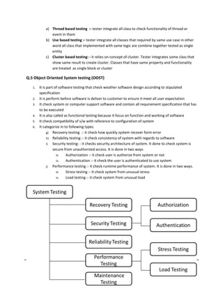 18 BY:- Mahesh Dangare
a) Thread based testing :- tester integrate all class to check functionality of thread or
event in them
b) Use based testing :- tester integrate all classes that required by same use case in other
word all class that implemented with same logic are combine together tested as single
entity
c) Cluster based testing: - it relies on concept of cluster. Tester integrates some class that
show same result to create cluster. Classes that have same property and functionality
are treated as single block or cluster
Q.5 Object Oriented System testing (OOST)
1. It is part of software testing that check weather software design according to stipulated
specification
2. It is perform before software is deliver to customer to ensure it meet all user expectation
3. It check system or computer support software and contain all requirement specification that has
to be executed
4. It is also called as functional testing because it focus on function and working of software
5. It check compatibility of s/w with reference to configuration of system
6. It categorize in to following types
g) Recovery testing :- it check how quickly system recover form error
h) Reliability testing :- it check consistency of system with regards to software
i) Security testing: - it checks security architecture of system. It done to check system is
secure from unauthorized access. It is done in two ways
iii. Authorization :- it check user is authorize from system or not
iv. Authentication :- it check the user is authenticated to use system
j) Performance testing :- it check runtime performance of system. It is done in two ways.
iii. Stress testing :- It check system from unusual stress
iv. Load testing :- it check system from unusual load
 