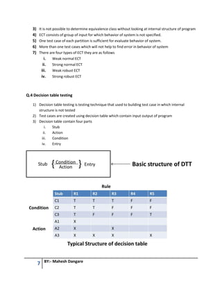 7 BY:- Mahesh Dangare
3) It is not possible to determine equivalence class without looking at internal structure of program
4) ECT consists of group of input for which behavior of system is not specified.
5) One test case of each partition is sufficient for evaluate behavior of system.
6) More than one test cases which will not help to find error in behavior of system
7) There are four types of ECT they are as follows
i. Weak normal ECT
ii. Strong normal ECT
iii. Weak robust ECT
iv. Strong robust ECT
Q.4 Decision table testing
1) Decision table testing is testing technique that used to building test case in which internal
structure is not tested
2) Test cases are created using decision table which contain input output of program
3) Decision table contain four parts
i. Stub
ii. Action
iii. Condition
iv. Entry
 