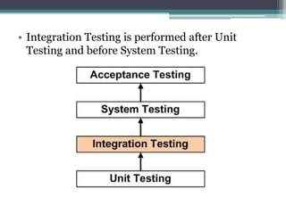 • Integration Testing is performed after Unit
Testing and before System Testing.
 