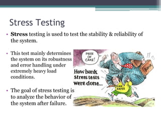 Stress Testing
• Stress testing is used to test the stability & reliability of
the system.
• This test mainly determines
the system on its robustness
and error handling under
extremely heavy load
conditions.
• The goal of stress testing is
to analyze the behavior of
the system after failure.
 