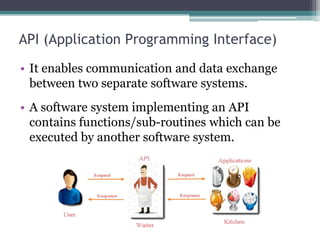 API (Application Programming Interface)
• It enables communication and data exchange
between two separate software systems.
• A software system implementing an API
contains functions/sub-routines which can be
executed by another software system.
 