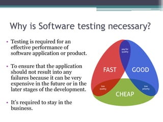 Why is Software testing necessary?
• Testing is required for an
effective performance of
software application or product.
• To ensure that the application
should not result into any
failures because it can be very
expensive in the future or in the
later stages of the development.
• It’s required to stay in the
business.
 