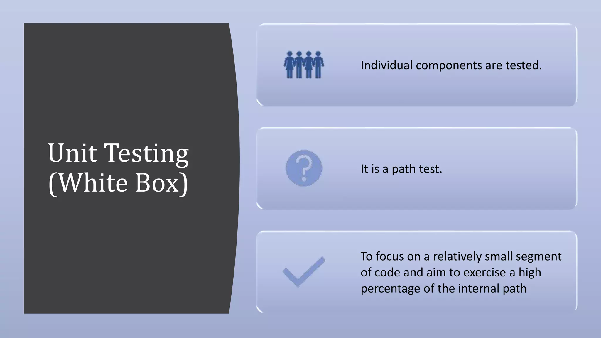 Unit Testing
(White Box)
Individual components are tested.
It is a path test.
To focus on a relatively small segment
of code and aim to exercise a high
percentage of the internal path
 