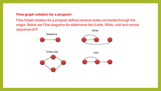 Flow graph notation for a program:
Flow Graph notation for a program defines several nodes connected through the
edges. Below are Flow diagrams for statements like if-else, While, until and normal
sequence of flow.
 