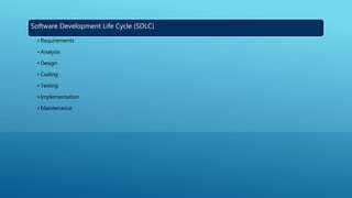 Software Development Life Cycle (SDLC)
• Requirements
• Analysis
• Design
• Coding
• Testing
• Implementation
• Maintenance
 