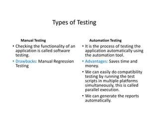 Types of Testing
Manual Testing
• Checking the functionality of an
application is called software
testing.
• Drawbacks: Manual Regression
Testing
Automation Testing
• It is the process of testing the
application automatically using
the automation tool.
• Advantages: Saves time and
money.
• We can easily do compatibility
testing by running the test
scripts in multiple platforms
simultaneously, this is called
parallel execution.
• We can generate the reports
automatically.
 