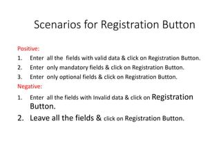 Scenarios for Registration Button
Positive:
1. Enter all the fields with valid data & click on Registration Button.
2. Enter only mandatory fields & click on Registration Button.
3. Enter only optional fields & click on Registration Button.
Negative:
1. Enter all the fields with Invalid data & click on Registration
Button.
2. Leave all the fields & click on Registration Button.
 