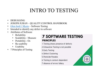 INTRO TO TESTING
• DEBUGGING
• JOSEPH JURAN – QUALITY CONTROL HANDBOOK
• Glen ford J. Myers – Software Testing
• Intended to identify any defect in software
• Attributes of Software
• Reliability
• Scalability - Measure
• Portability - Os
• Re-usability
• Usability
• 7 Principles of Testing
 