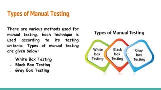 Types of Manual Testing
There are various methods used for
manual testing. Each technique is
used according to its testing
criteria. Types of manual testing
are given below:
● White Box Testing
● Black Box Testing
● Gray Box Testing
 