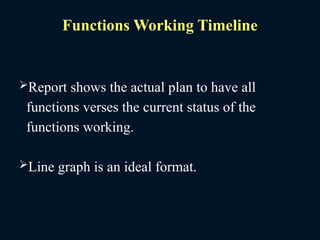 Functions Working Timeline
Report shows the actual plan to have all
functions verses the current status of the
functions working.
Line graph is an ideal format.
 