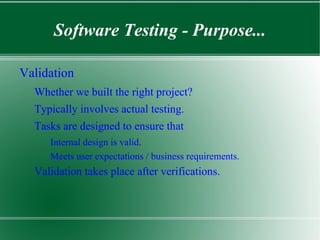 Software Testing Process of executing an application with the intent of finding bugs. 