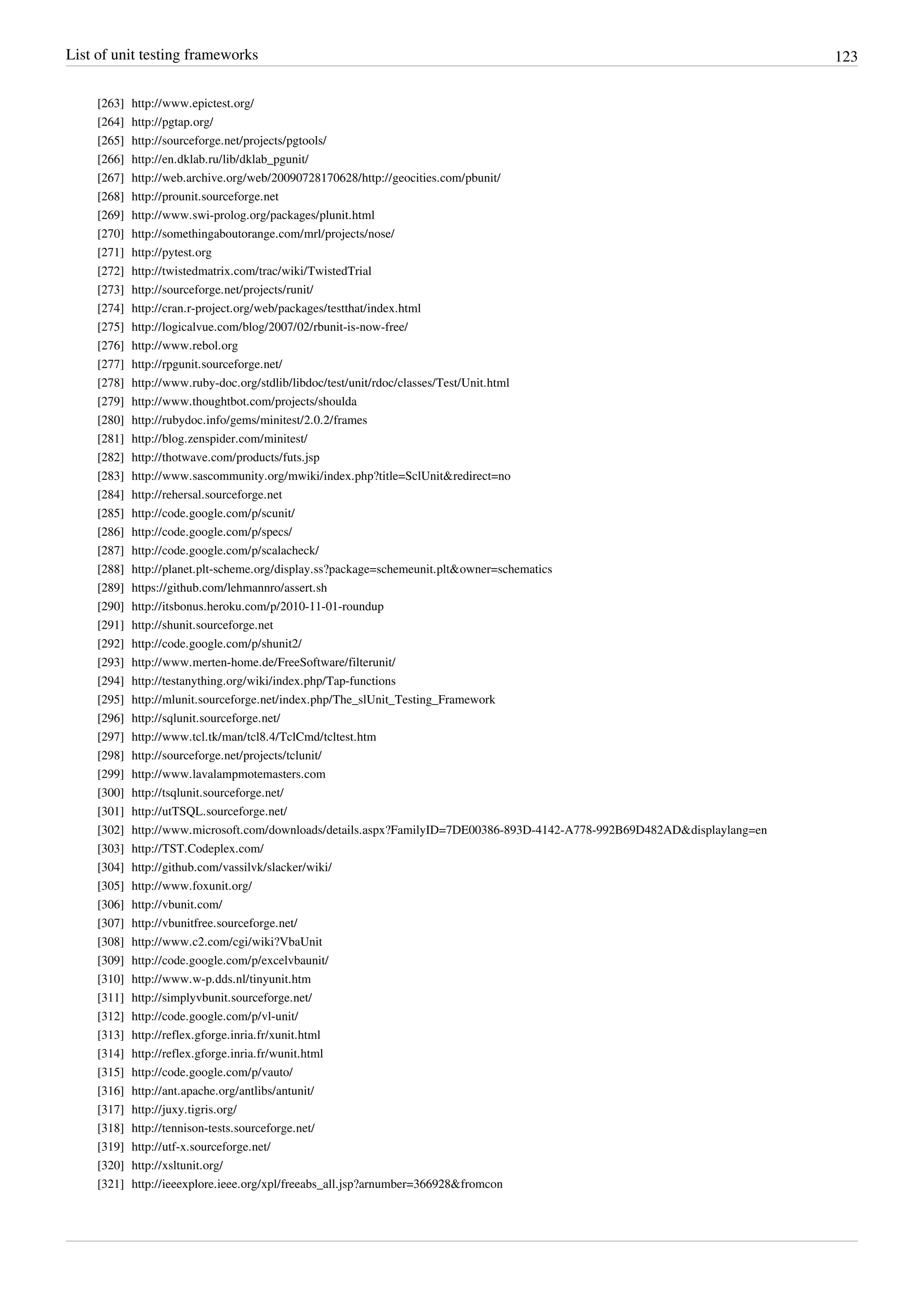 List of unit testing frameworks 123
[263] http://www.epictest.org/
[264] http://pgtap.org/
[265] http://sourceforge.net/projects/pgtools/
[266] http://en.dklab.ru/lib/dklab_pgunit/
[267] http://web.archive.org/web/20090728170628/http://geocities.com/pbunit/
[268] http://prounit.sourceforge.net
[269] http://www.swi-prolog.org/packages/plunit.html
[270] http://somethingaboutorange.com/mrl/projects/nose/
[271] http://pytest.org
[272] http://twistedmatrix.com/trac/wiki/TwistedTrial
[273] http://sourceforge.net/projects/runit/
[274] http://cran.r-project.org/web/packages/testthat/index.html
[275] http://logicalvue.com/blog/2007/02/rbunit-is-now-free/
[276] http://www.rebol.org
[277] http://rpgunit.sourceforge.net/
[278] http://www.ruby-doc.org/stdlib/libdoc/test/unit/rdoc/classes/Test/Unit.html
[279] http://www.thoughtbot.com/projects/shoulda
[280] http://rubydoc.info/gems/minitest/2.0.2/frames
[281] http://blog.zenspider.com/minitest/
[282] http://thotwave.com/products/futs.jsp
[283] http://www.sascommunity.org/mwiki/index.php?title=SclUnit&redirect=no
[284] http://rehersal.sourceforge.net
[285] http://code.google.com/p/scunit/
[286] http://code.google.com/p/specs/
[287] http://code.google.com/p/scalacheck/
[288] http://planet.plt-scheme.org/display.ss?package=schemeunit.plt&owner=schematics
[289] https://github.com/lehmannro/assert.sh
[290] http://itsbonus.heroku.com/p/2010-11-01-roundup
[291] http://shunit.sourceforge.net
[292] http://code.google.com/p/shunit2/
[293] http://www.merten-home.de/FreeSoftware/filterunit/
[294] http://testanything.org/wiki/index.php/Tap-functions
[295] http://mlunit.sourceforge.net/index.php/The_slUnit_Testing_Framework
[296] http://sqlunit.sourceforge.net/
[297] http://www.tcl.tk/man/tcl8.4/TclCmd/tcltest.htm
[298] http://sourceforge.net/projects/tclunit/
[299] http://www.lavalampmotemasters.com
[300] http://tsqlunit.sourceforge.net/
[301] http://utTSQL.sourceforge.net/
[302] http://www.microsoft.com/downloads/details.aspx?FamilyID=7DE00386-893D-4142-A778-992B69D482AD&displaylang=en
[303] http://TST.Codeplex.com/
[304] http://github.com/vassilvk/slacker/wiki/
[305] http://www.foxunit.org/
[306] http://vbunit.com/
[307] http://vbunitfree.sourceforge.net/
[308] http://www.c2.com/cgi/wiki?VbaUnit
[309] http://code.google.com/p/excelvbaunit/
[310] http://www.w-p.dds.nl/tinyunit.htm
[311] http://simplyvbunit.sourceforge.net/
[312] http://code.google.com/p/vl-unit/
[313] http://reflex.gforge.inria.fr/xunit.html
[314] http://reflex.gforge.inria.fr/wunit.html
[315] http://code.google.com/p/vauto/
[316] http://ant.apache.org/antlibs/antunit/
[317] http://juxy.tigris.org/
[318] http://tennison-tests.sourceforge.net/
[319] http://utf-x.sourceforge.net/
[320] http://xsltunit.org/
[321] http://ieeexplore.ieee.org/xpl/freeabs_all.jsp?arnumber=366928&fromcon
 