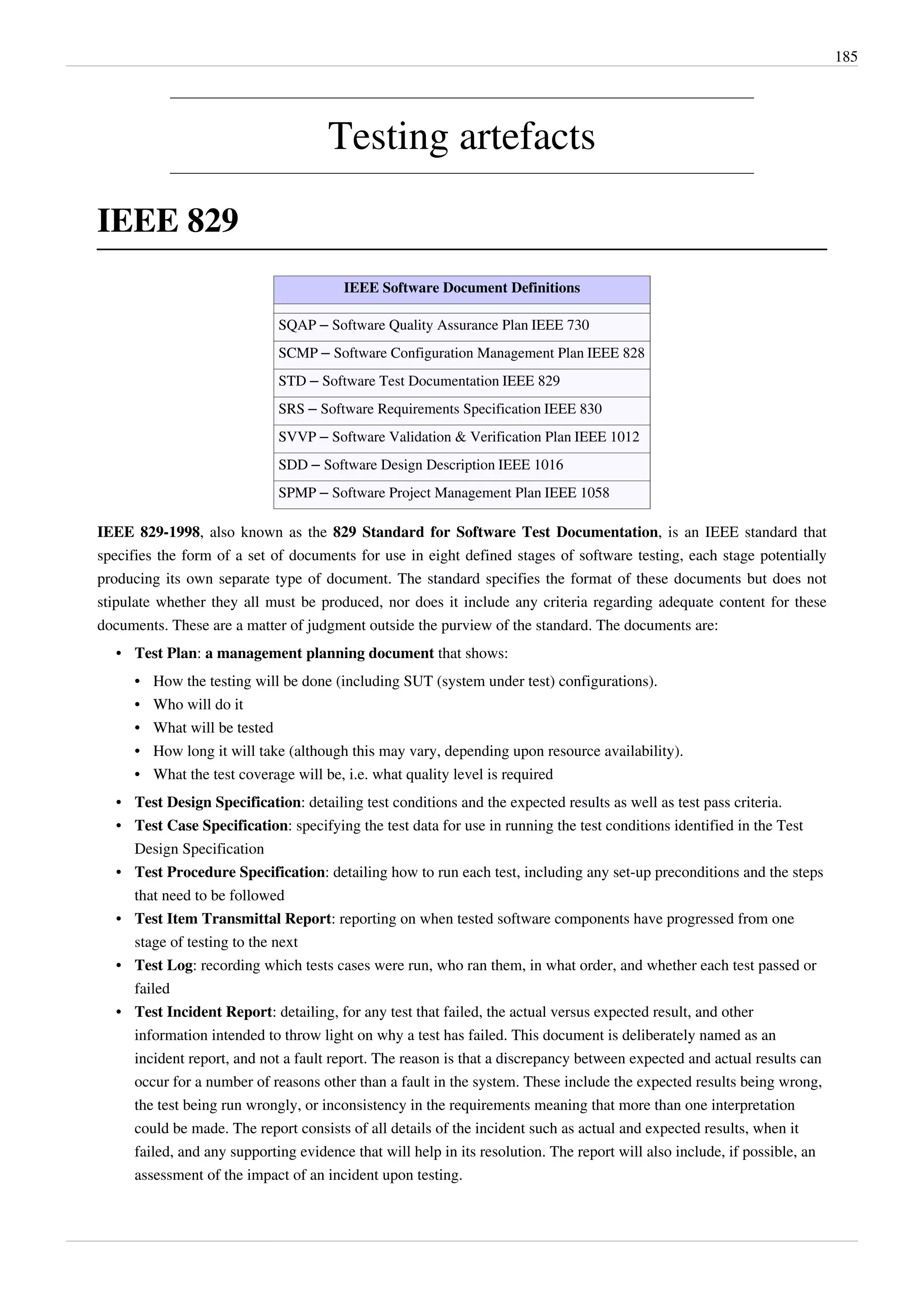 185
Testing artefacts
IEEE 829
IEEE Software Document Definitions
SQAP – Software Quality Assurance Plan IEEE 730
SCMP – Software Configuration Management Plan IEEE 828
STD – Software Test Documentation IEEE 829
SRS – Software Requirements Specification IEEE 830
SVVP – Software Validation & Verification Plan IEEE 1012
SDD – Software Design Description IEEE 1016
SPMP – Software Project Management Plan IEEE 1058
IEEE 829-1998, also known as the 829 Standard for Software Test Documentation, is an IEEE standard that
specifies the form of a set of documents for use in eight defined stages of software testing, each stage potentially
producing its own separate type of document. The standard specifies the format of these documents but does not
stipulate whether they all must be produced, nor does it include any criteria regarding adequate content for these
documents. These are a matter of judgment outside the purview of the standard. The documents are:
• Test Plan: a management planning document that shows:
• How the testing will be done (including SUT (system under test) configurations).
• Who will do it
• What will be tested
• How long it will take (although this may vary, depending upon resource availability).
• What the test coverage will be, i.e. what quality level is required
• Test Design Specification: detailing test conditions and the expected results as well as test pass criteria.
• Test Case Specification: specifying the test data for use in running the test conditions identified in the Test
Design Specification
• Test Procedure Specification: detailing how to run each test, including any set-up preconditions and the steps
that need to be followed
• Test Item Transmittal Report: reporting on when tested software components have progressed from one
stage of testing to the next
• Test Log: recording which tests cases were run, who ran them, in what order, and whether each test passed or
failed
• Test Incident Report: detailing, for any test that failed, the actual versus expected result, and other
information intended to throw light on why a test has failed. This document is deliberately named as an
incident report, and not a fault report. The reason is that a discrepancy between expected and actual results can
occur for a number of reasons other than a fault in the system. These include the expected results being wrong,
the test being run wrongly, or inconsistency in the requirements meaning that more than one interpretation
could be made. The report consists of all details of the incident such as actual and expected results, when it
failed, and any supporting evidence that will help in its resolution. The report will also include, if possible, an
assessment of the impact of an incident upon testing.
 