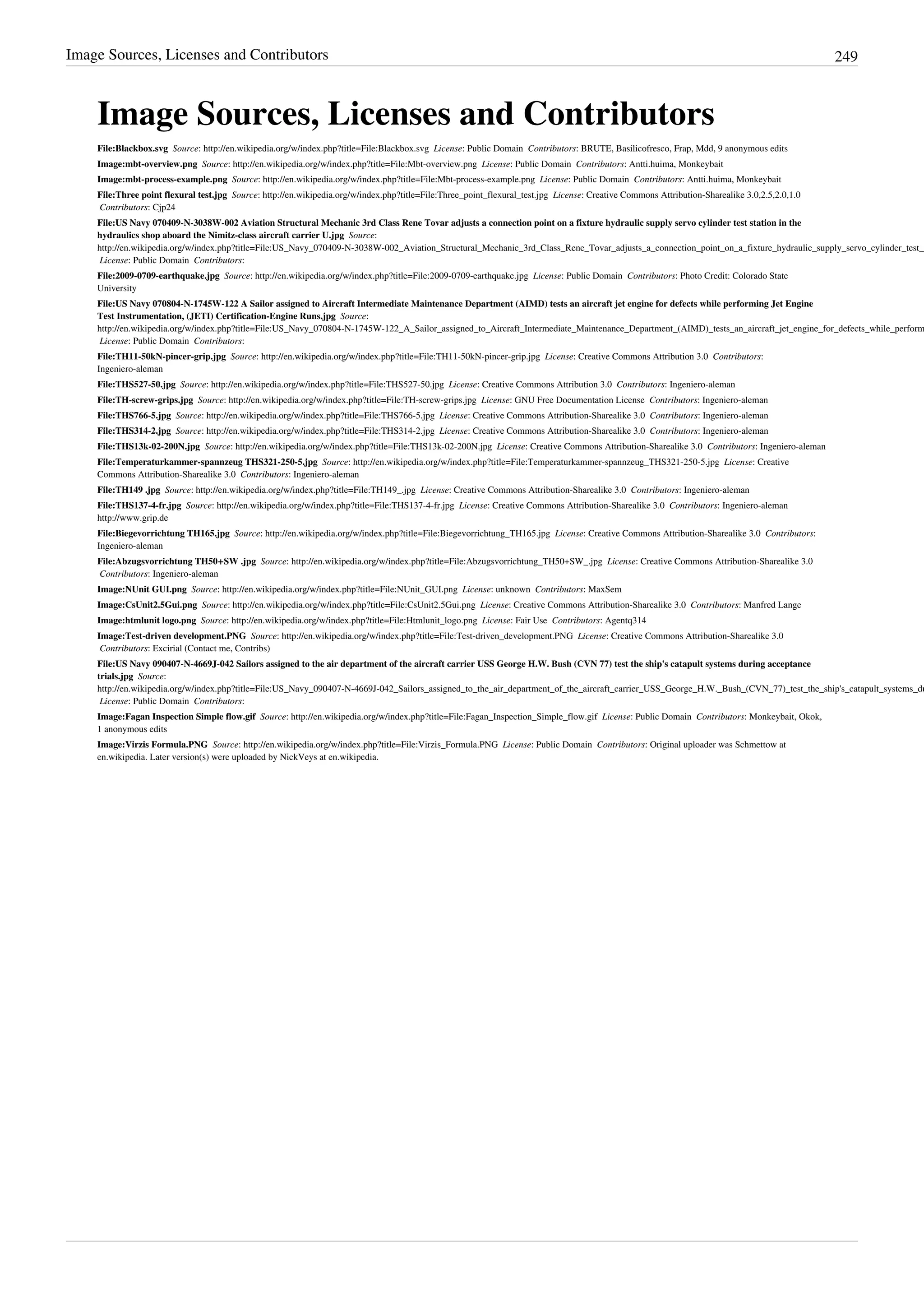 Image Sources, Licenses and Contributors 249
Image Sources, Licenses and Contributors
File:Blackbox.svg  Source: http://en.wikipedia.org/w/index.php?title=File:Blackbox.svg  License: Public Domain  Contributors: BRUTE, Basilicofresco, Frap, Mdd, 9 anonymous edits
Image:mbt-overview.png  Source: http://en.wikipedia.org/w/index.php?title=File:Mbt-overview.png  License: Public Domain  Contributors: Antti.huima, Monkeybait
Image:mbt-process-example.png  Source: http://en.wikipedia.org/w/index.php?title=File:Mbt-process-example.png  License: Public Domain  Contributors: Antti.huima, Monkeybait
File:Three point flexural test.jpg  Source: http://en.wikipedia.org/w/index.php?title=File:Three_point_flexural_test.jpg  License: Creative Commons Attribution-Sharealike 3.0,2.5,2.0,1.0
 Contributors: Cjp24
File:US Navy 070409-N-3038W-002 Aviation Structural Mechanic 3rd Class Rene Tovar adjusts a connection point on a fixture hydraulic supply servo cylinder test station in the
hydraulics shop aboard the Nimitz-class aircraft carrier U.jpg  Source:
http://en.wikipedia.org/w/index.php?title=File:US_Navy_070409-N-3038W-002_Aviation_Structural_Mechanic_3rd_Class_Rene_Tovar_adjusts_a_connection_point_on_a_fixture_hydraulic_supply_servo_cylinder_test_s
 License: Public Domain  Contributors:
File:2009-0709-earthquake.jpg  Source: http://en.wikipedia.org/w/index.php?title=File:2009-0709-earthquake.jpg  License: Public Domain  Contributors: Photo Credit: Colorado State
University
File:US Navy 070804-N-1745W-122 A Sailor assigned to Aircraft Intermediate Maintenance Department (AIMD) tests an aircraft jet engine for defects while performing Jet Engine
Test Instrumentation, (JETI) Certification-Engine Runs.jpg  Source:
http://en.wikipedia.org/w/index.php?title=File:US_Navy_070804-N-1745W-122_A_Sailor_assigned_to_Aircraft_Intermediate_Maintenance_Department_(AIMD)_tests_an_aircraft_jet_engine_for_defects_while_perform
 License: Public Domain  Contributors:
File:TH11-50kN-pincer-grip.jpg  Source: http://en.wikipedia.org/w/index.php?title=File:TH11-50kN-pincer-grip.jpg  License: Creative Commons Attribution 3.0  Contributors:
Ingeniero-aleman
File:THS527-50.jpg  Source: http://en.wikipedia.org/w/index.php?title=File:THS527-50.jpg  License: Creative Commons Attribution 3.0  Contributors: Ingeniero-aleman
File:TH-screw-grips.jpg  Source: http://en.wikipedia.org/w/index.php?title=File:TH-screw-grips.jpg  License: GNU Free Documentation License  Contributors: Ingeniero-aleman
File:THS766-5.jpg  Source: http://en.wikipedia.org/w/index.php?title=File:THS766-5.jpg  License: Creative Commons Attribution-Sharealike 3.0  Contributors: Ingeniero-aleman
File:THS314-2.jpg  Source: http://en.wikipedia.org/w/index.php?title=File:THS314-2.jpg  License: Creative Commons Attribution-Sharealike 3.0  Contributors: Ingeniero-aleman
File:THS13k-02-200N.jpg  Source: http://en.wikipedia.org/w/index.php?title=File:THS13k-02-200N.jpg  License: Creative Commons Attribution-Sharealike 3.0  Contributors: Ingeniero-aleman
File:Temperaturkammer-spannzeug THS321-250-5.jpg  Source: http://en.wikipedia.org/w/index.php?title=File:Temperaturkammer-spannzeug_THS321-250-5.jpg  License: Creative
Commons Attribution-Sharealike 3.0  Contributors: Ingeniero-aleman
File:TH149 .jpg  Source: http://en.wikipedia.org/w/index.php?title=File:TH149_.jpg  License: Creative Commons Attribution-Sharealike 3.0  Contributors: Ingeniero-aleman
File:THS137-4-fr.jpg  Source: http://en.wikipedia.org/w/index.php?title=File:THS137-4-fr.jpg  License: Creative Commons Attribution-Sharealike 3.0  Contributors: Ingeniero-aleman
http://www.grip.de
File:Biegevorrichtung TH165.jpg  Source: http://en.wikipedia.org/w/index.php?title=File:Biegevorrichtung_TH165.jpg  License: Creative Commons Attribution-Sharealike 3.0  Contributors:
Ingeniero-aleman
File:Abzugsvorrichtung TH50+SW .jpg  Source: http://en.wikipedia.org/w/index.php?title=File:Abzugsvorrichtung_TH50+SW_.jpg  License: Creative Commons Attribution-Sharealike 3.0
 Contributors: Ingeniero-aleman
Image:NUnit GUI.png  Source: http://en.wikipedia.org/w/index.php?title=File:NUnit_GUI.png  License: unknown  Contributors: MaxSem
Image:CsUnit2.5Gui.png  Source: http://en.wikipedia.org/w/index.php?title=File:CsUnit2.5Gui.png  License: Creative Commons Attribution-Sharealike 3.0  Contributors: Manfred Lange
Image:htmlunit logo.png  Source: http://en.wikipedia.org/w/index.php?title=File:Htmlunit_logo.png  License: Fair Use  Contributors: Agentq314
Image:Test-driven development.PNG  Source: http://en.wikipedia.org/w/index.php?title=File:Test-driven_development.PNG  License: Creative Commons Attribution-Sharealike 3.0
 Contributors: Excirial (Contact me, Contribs)
File:US Navy 090407-N-4669J-042 Sailors assigned to the air department of the aircraft carrier USS George H.W. Bush (CVN 77) test the ship's catapult systems during acceptance
trials.jpg  Source:
http://en.wikipedia.org/w/index.php?title=File:US_Navy_090407-N-4669J-042_Sailors_assigned_to_the_air_department_of_the_aircraft_carrier_USS_George_H.W._Bush_(CVN_77)_test_the_ship's_catapult_systems_du
 License: Public Domain  Contributors:
Image:Fagan Inspection Simple flow.gif  Source: http://en.wikipedia.org/w/index.php?title=File:Fagan_Inspection_Simple_flow.gif  License: Public Domain  Contributors: Monkeybait, Okok,
1 anonymous edits
Image:Virzis Formula.PNG  Source: http://en.wikipedia.org/w/index.php?title=File:Virzis_Formula.PNG  License: Public Domain  Contributors: Original uploader was Schmettow at
en.wikipedia. Later version(s) were uploaded by NickVeys at en.wikipedia.
 