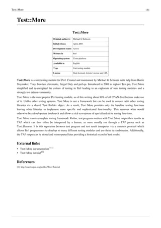 Test::More 131
Test::More
Test::More
Original author(s) Michael G Schwern
Initial release April, 2001
Development status Active
Written in Perl
Operating system Cross-platform
Available in English
Type Unit testing module
License Dual-licensed Artistic License and GPL
Test::More is a unit testing module for Perl. Created and maintained by Michael G Schwern with help from Barrie
Slaymaker, Tony Bowden, chromatic, Fergal Daly and perl-qa. Introduced in 2001 to replace Test.pm, Test::More
simplified and re-energized the culture of testing in Perl leading to an explosion of new testing modules and a
strongly test driven community.
Test::More is the most popular Perl testing module, as of this writing about 80% of all CPAN distributions make use
of it. Unlike other testing systems, Test::More is not a framework but can be used in concert with other testing
libraries via a shared Test::Builder object. As a result, Test::More provides only the baseline testing functions
leaving other libraries to implement more specific and sophisticated functionality. This removes what would
otherwise be a development bottleneck and allows a rich eco-system of specialized niche testing functions.
Test::More is not a complete testing framework. Rather, test programs written with Test::More output their results as
TAP which can then either be interpreted by a human, or more usually run through a TAP parser such as
Test::Harness. It is this separation between test program and test result interpreter via a common protocol which
allows Perl programmers to develop so many different testing modules and use them in combination. Additionally,
the TAP output can be stored and reinterpreted later providing a historical record of test results.
External links
• Test::More documentation
[11]
• Test::More tutorial
[1]
References
[1] http://search.cpan.org/perldoc?Test::Tutorial
 