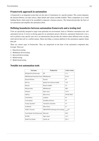 Test automation 141
Framework approach in automation
A framework is an integrated system that sets the rules of Automation of a specific product. This system integrates
the function libraries, test data sources, object details and various reusable modules. These components act as small
building blocks which need to be assembled to represent a business process. The framework provides the basis of
test automation and simplifies the automation effort.
Defining boundaries between automation framework and a testing tool
Tools are specifically designed to target some particular test environment. Such as: Windows automation tool, web
automation tool etc. It serves as driving agent for an automation process. However, automation framework is not a
tool to perform some specific task, but is an infrastructure that provides the solution where different tools can plug
itself and do their job in a unified manner. Hence providing a common platform to the automation engineer doing
their job.
There are various types of frameworks. They are categorized on the basis of the automation component they
leverage. These are:
1. Data-driven testing
2. Modularity-driven testing
3. Keyword-driven testing
4. Hybrid testing
5. Model-based testing
Notable test automation tools
Tool name Produced by Latest version
HP QuickTest Professional HP 11.0
IBM Rational Functional Tester IBM Rational 8.2.0.2
Parasoft SOAtest Parasoft 9.0
QF-Test Quality First Software GmbH 3.4.0
Ranorex Ranorex GmbH 3.0
Rational robot IBM Rational 2003
Selenium Open source 1.0.10
SilkTest Micro Focus 2010 R2 WS2
TestArchitect LogiGear 6.0
TestComplete SmartBear Software 8.5
Testing Anywhere Automation Anywhere 7.0
TestPartner Micro Focus 6.3
TOSCA Testsuite TRICENTIS Technology & Consulting
7.2.2
[3]
Visual Studio Test Professional Microsoft 2010
WATIR Open source 1.6.5
WebUI Test Studio Telerik, Inc. 2011.1
 