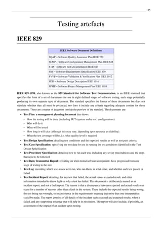 185
Testing artefacts
IEEE 829
IEEE Software Document Definitions
SQAP – Software Quality Assurance Plan IEEE 730
SCMP – Software Configuration Management Plan IEEE 828
STD – Software Test Documentation IEEE 829
SRS – Software Requirements Specification IEEE 830
SVVP – Software Validation & Verification Plan IEEE 1012
SDD – Software Design Description IEEE 1016
SPMP – Software Project Management Plan IEEE 1058
IEEE 829-1998, also known as the 829 Standard for Software Test Documentation, is an IEEE standard that
specifies the form of a set of documents for use in eight defined stages of software testing, each stage potentially
producing its own separate type of document. The standard specifies the format of these documents but does not
stipulate whether they all must be produced, nor does it include any criteria regarding adequate content for these
documents. These are a matter of judgment outside the purview of the standard. The documents are:
• Test Plan: a management planning document that shows:
• How the testing will be done (including SUT (system under test) configurations).
• Who will do it
• What will be tested
• How long it will take (although this may vary, depending upon resource availability).
• What the test coverage will be, i.e. what quality level is required
• Test Design Specification: detailing test conditions and the expected results as well as test pass criteria.
• Test Case Specification: specifying the test data for use in running the test conditions identified in the Test
Design Specification
• Test Procedure Specification: detailing how to run each test, including any set-up preconditions and the steps
that need to be followed
• Test Item Transmittal Report: reporting on when tested software components have progressed from one
stage of testing to the next
• Test Log: recording which tests cases were run, who ran them, in what order, and whether each test passed or
failed
• Test Incident Report: detailing, for any test that failed, the actual versus expected result, and other
information intended to throw light on why a test has failed. This document is deliberately named as an
incident report, and not a fault report. The reason is that a discrepancy between expected and actual results can
occur for a number of reasons other than a fault in the system. These include the expected results being wrong,
the test being run wrongly, or inconsistency in the requirements meaning that more than one interpretation
could be made. The report consists of all details of the incident such as actual and expected results, when it
failed, and any supporting evidence that will help in its resolution. The report will also include, if possible, an
assessment of the impact of an incident upon testing.
 