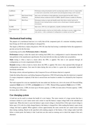 Load testing 63
LoadRunner HP Performance testing tool primarily used for executing large numbers of tests (or a large number
or virtual users) concurrently. Can be used for unit and integration testing as well. Licensed.
OpenSTA Open System Testing
Architecture
Open source web load/stress testing application, licensed under the Gnu GPL. Utilizes a
distributed software architecture based on CORBA. OpenSTA binaries available for Windows.
SilkPerformer Micro Focus Performance testing in an open and sharable model which allows realistic load tests for
thousands of users running business scenarios across a broad range of enterprise application
environments.
SLAMD Open source, 100% Java web application, scriptable, distributed with Tomcat.
Visual Studio Load
Test
Microsoft
Visual Studio includes a load test tool which enables a developer to execute a variety of tests
(web, unit etc...) with a combination of configurations to simulate real user load.
[2]
Mechanical load testing
The purpose of a mechanical load test is to verify that all the component parts of a structure including materials,
base-fixings are fit for task and loading it is designed for.
The Supply of Machinery (Safety) Regulation 1992 UK state that load testing is undertaken before the equipment is
put into service for the first time.
Load testing can be either Performance,Static or Dynamic.
Performance testing is when the stated safe working load (SWL) for a configuration is used to determine that the
item performs to the manufactures specification. If an item fails this test then any further tests are pointless.
Static testing is when a load at a factor above the SWL is applied. The item is not operated through all
configurations as it is not a requirement of this test.
Dynamic testing is when a load at a factor above the SWL is applied. The item is then operated fully through all
configurations and motions. Care must be taken during this test as there is a great risk of catastrophic failure if
incorrectly carried out.
The design criteria, relevant legislation or the Competent Person will dictate what test is required.
Under the Lifting Operations and Lifting Equipment Regulations 1998 UK load testing after the initial test is required
if a major component is replaced, if the item is moved from one location to another or as dictated by the Competent
Person
The loads required for a test are stipulated by the item under test, but here are a few to be aware off. Powered lifting
equipment Static test to 1.25 SWL and dynamic test to 1.1 SWL. Manual lifting equipment Static test to 1.5 SWL
For lifting accessories. 2 SWL for items up to 30 tonne capacity. 1.5 SWL for items above 30 tonne capacity. 1 SWL
for items above 100 tonnes.
Car charging system
A load test can be used to evaluate the health of a car's battery. The tester consists of a large resistor that has a
resistance similar to a car's starter motor and a meter to read the battery's output voltage both in the unloaded and
loaded state. When the tester is used, the battery's open circuit voltage is checked first. If the open circuit voltage is
below spec (12.6 volts for a fully charged battery), the battery is charged first. After reading the battery's open circuit
voltage, the load is applied. When applied, it draws approximately the same current the car's starter motor would
draw during cranking. Based on the specified cold cranking amperes of the battery, if the voltage under load falls
below a certain point, the battery is bad. Load tests are also used on running cars to check the output of the car's
alternator.
 