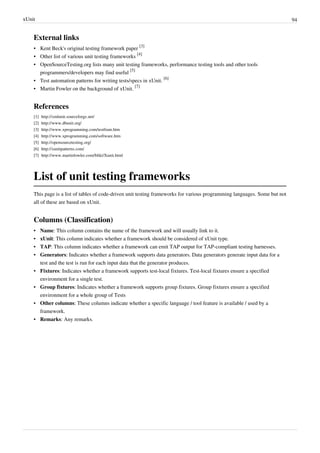 xUnit 94
External links
• Kent Beck's original testing framework paper
[3]
• Other list of various unit testing frameworks
[4]
• OpenSourceTesting.org lists many unit testing frameworks, performance testing tools and other tools
programmers/developers may find useful
[5]
• Test automation patterns for writing tests/specs in xUnit.
[6]
• Martin Fowler on the background of xUnit.
[7]
References
[1] http://xmlunit.sourceforge.net/
[2] http://www.dbunit.org/
[3] http://www.xprogramming.com/testfram.htm
[4] http://www.xprogramming.com/software.htm
[5] http://opensourcetesting.org/
[6] http://xunitpatterns.com/
[7] http://www.martinfowler.com/bliki/Xunit.html
List of unit testing frameworks
This page is a list of tables of code-driven unit testing frameworks for various programming languages. Some but not
all of these are based on xUnit.
Columns (Classification)
• Name: This column contains the name of the framework and will usually link to it.
• xUnit: This column indicates whether a framework should be considered of xUnit type.
• TAP: This column indicates whether a framework can emit TAP output for TAP-compliant testing harnesses.
• Generators: Indicates whether a framework supports data generators. Data generators generate input data for a
test and the test is run for each input data that the generator produces.
• Fixtures: Indicates whether a framework supports test-local fixtures. Test-local fixtures ensure a specified
environment for a single test.
• Group fixtures: Indicates whether a framework supports group fixtures. Group fixtures ensure a specified
environment for a whole group of Tests
• Other columns: These columns indicate whether a specific language / tool feature is available / used by a
framework.
• Remarks: Any remarks.
 