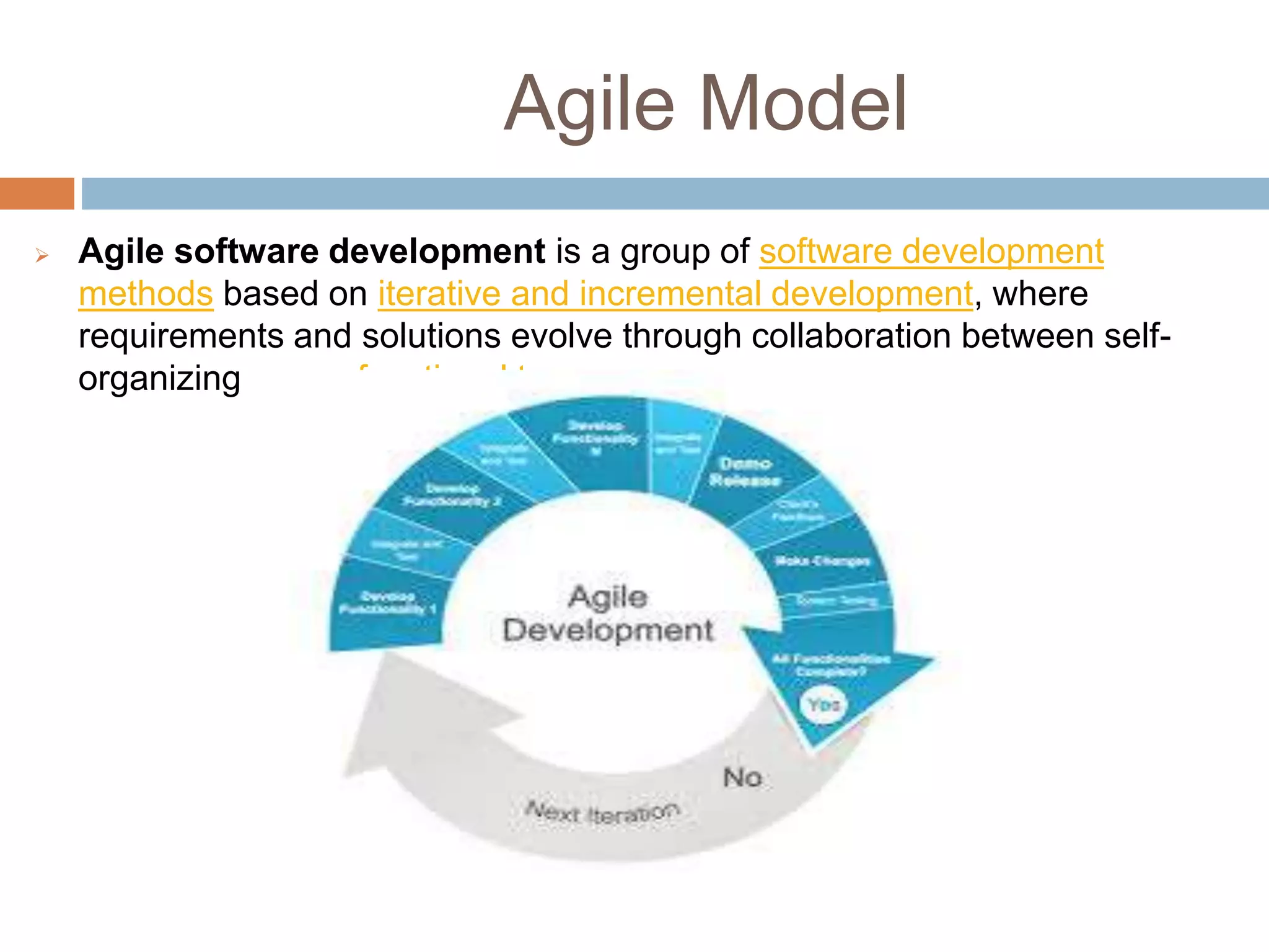 Agile Model
 Agile software development is a group of software development
methods based on iterative and incremental development, where
requirements and solutions evolve through collaboration between self-
organizing, cross-functional teams.
 