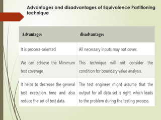 Advantages and disadvantages of Equivalence Partitioning
technique
 