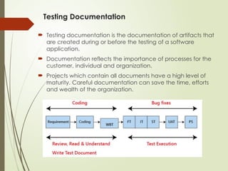 Testing Documentation
 Testing documentation is the documentation of artifacts that
are created during or before the testing of a software
application.
 Documentation reflects the importance of processes for the
customer, individual and organization.
 Projects which contain all documents have a high level of
maturity. Careful documentation can save the time, efforts
and wealth of the organization.
 