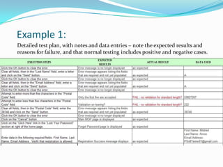 Example 1: Detailed test plan, with notes and data entries – note the expected results and reasons for failure, and that normal testing includes positive and negative cases. 