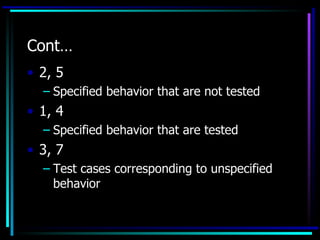 Cont…
• 2, 5
  – Specified behavior that are not tested
• 1, 4
  – Specified behavior that are tested
• 3, 7
  – Test cases corresponding to unspecified
    behavior
 
