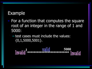 Example
• For a function that computes the square
  root of an integer in the range of 1 and
  5000:
  – test cases must include the values:
    {0,1,5000,5001}.

          1                       5000
 