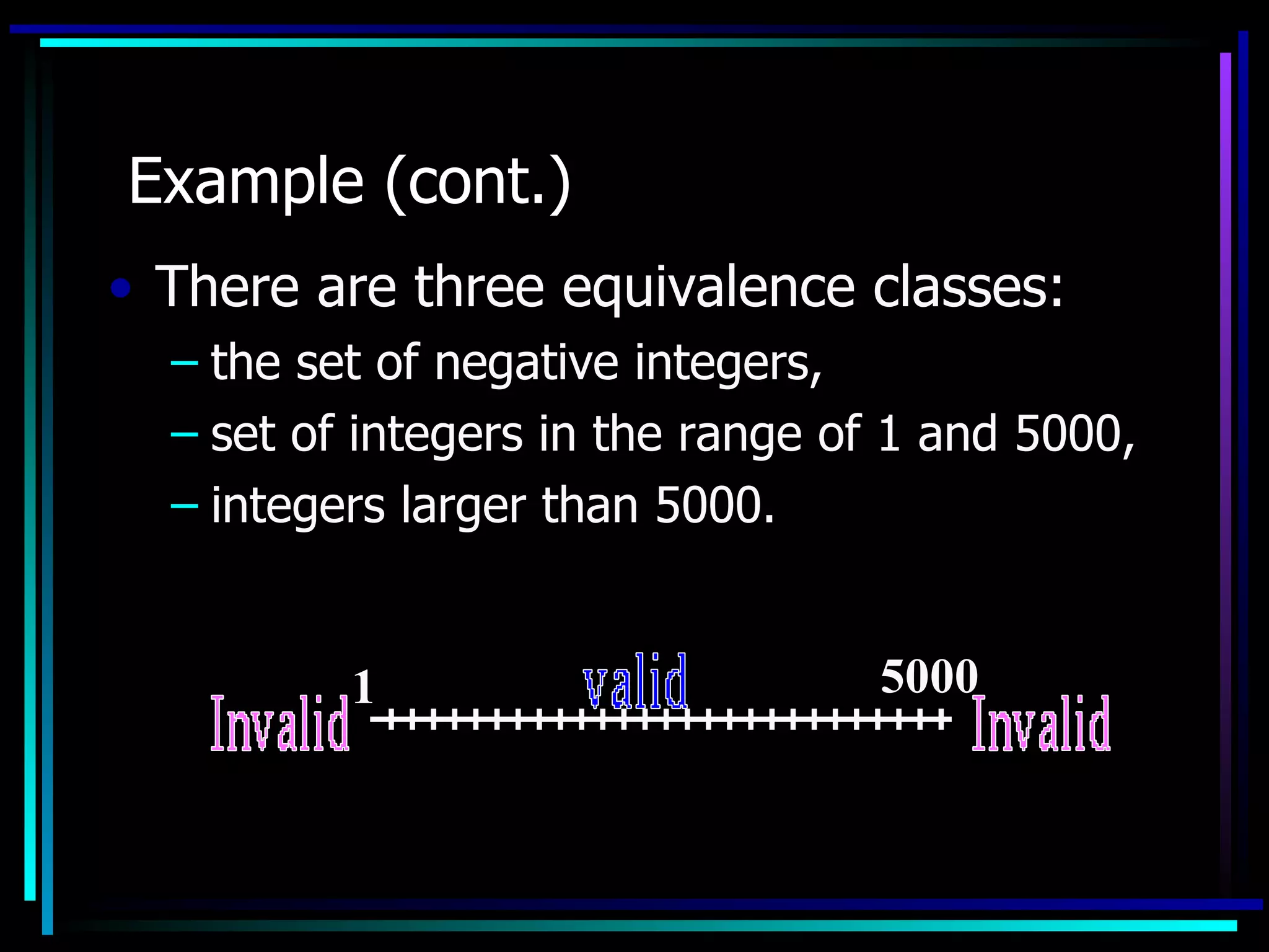 Example (cont.)
• There are three equivalence classes:
  – the set of negative integers,
  – set of integers in the range of 1 and 5000,
  – integers larger than 5000.


          1                        5000
 