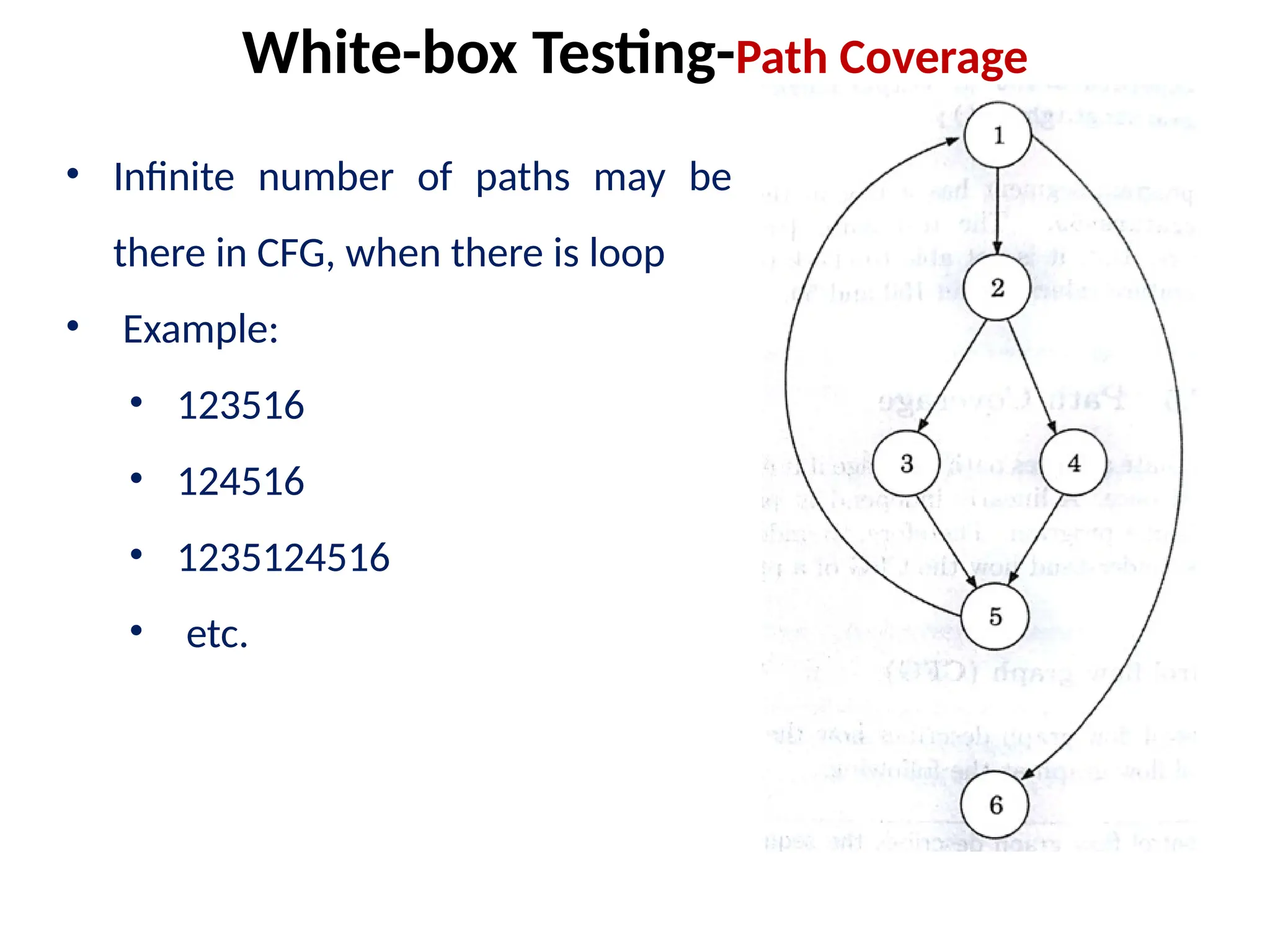 • Infinite number of paths may be
there in CFG, when there is loop
• Example:
• 123516
• 124516
• 1235124516
• etc.
White-box Testing-Path Coverage
 