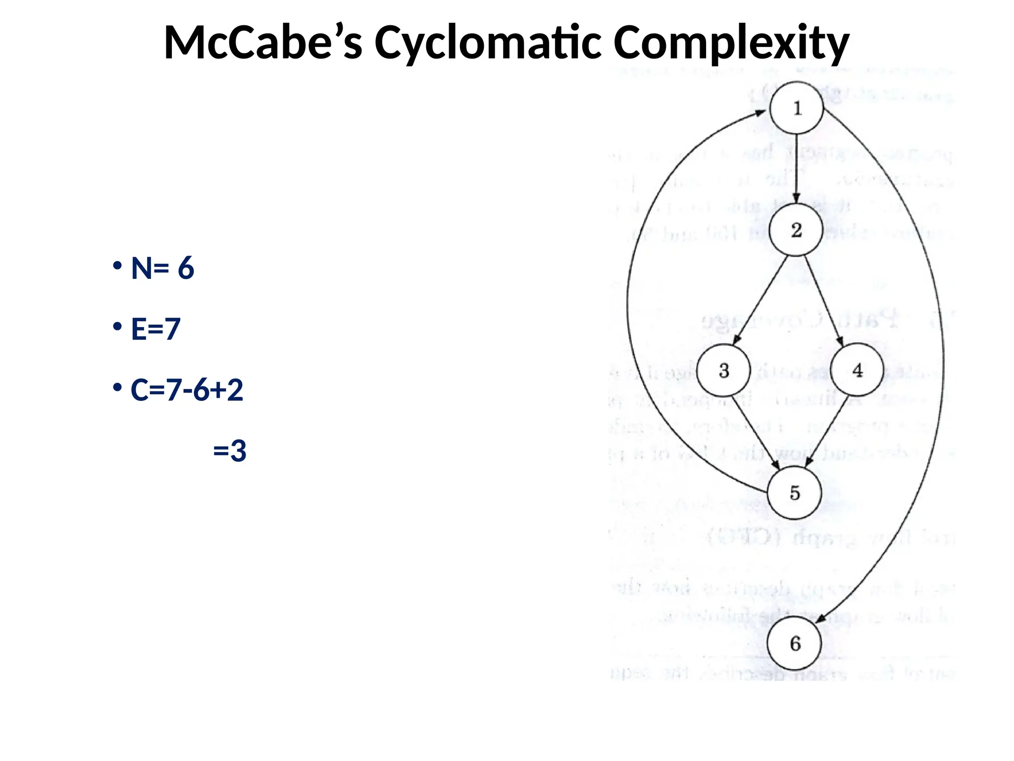 • N= 6
• E=7
• C=7-6+2
=3
McCabe’s Cyclomatic Complexity
 