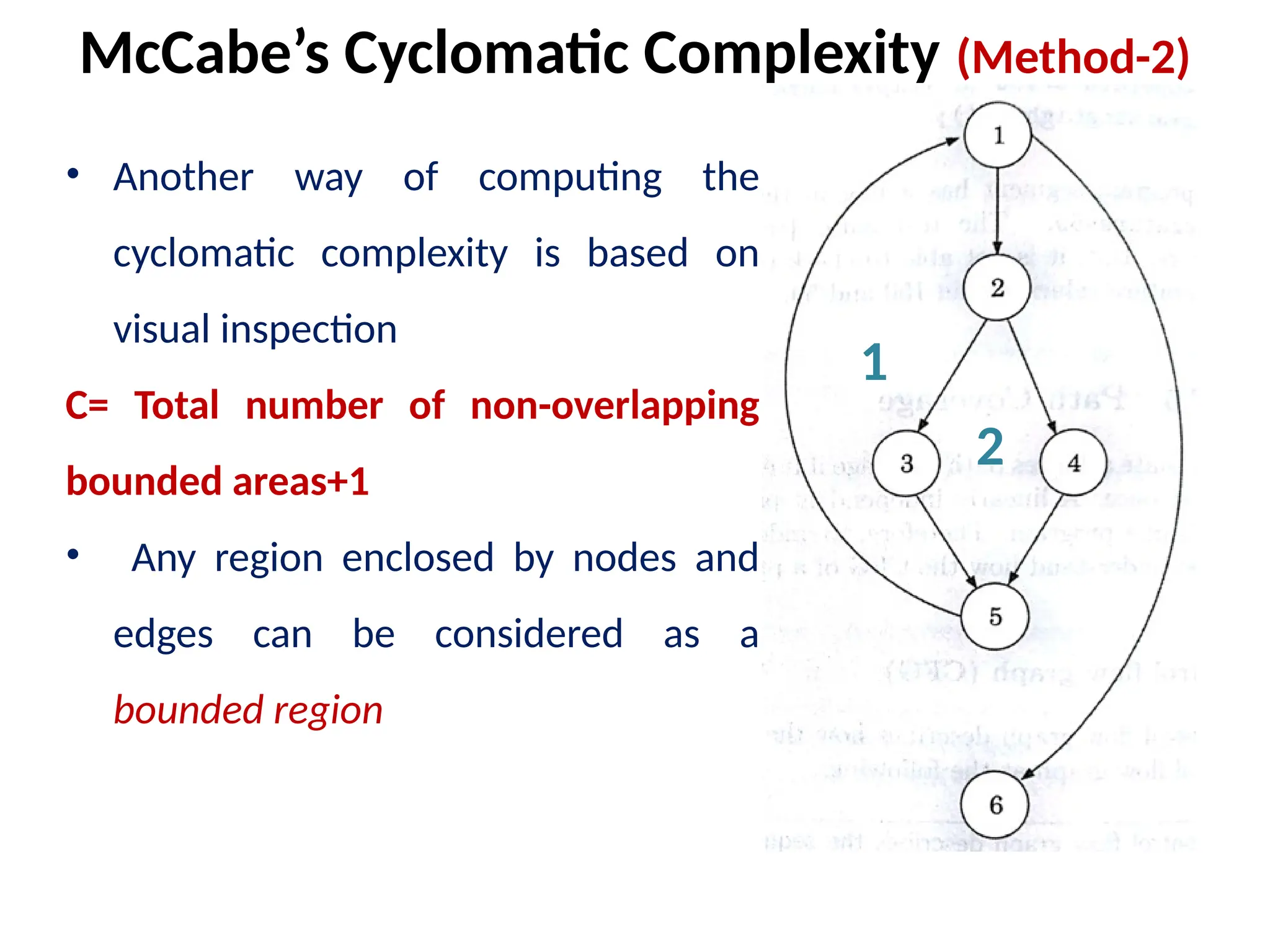 • Another way of computing the
cyclomatic complexity is based on
visual inspection
C= Total number of non-overlapping
bounded areas+1
• Any region enclosed by nodes and
edges can be considered as a
bounded region
McCabe’s Cyclomatic Complexity (Method-2)
1
2
 