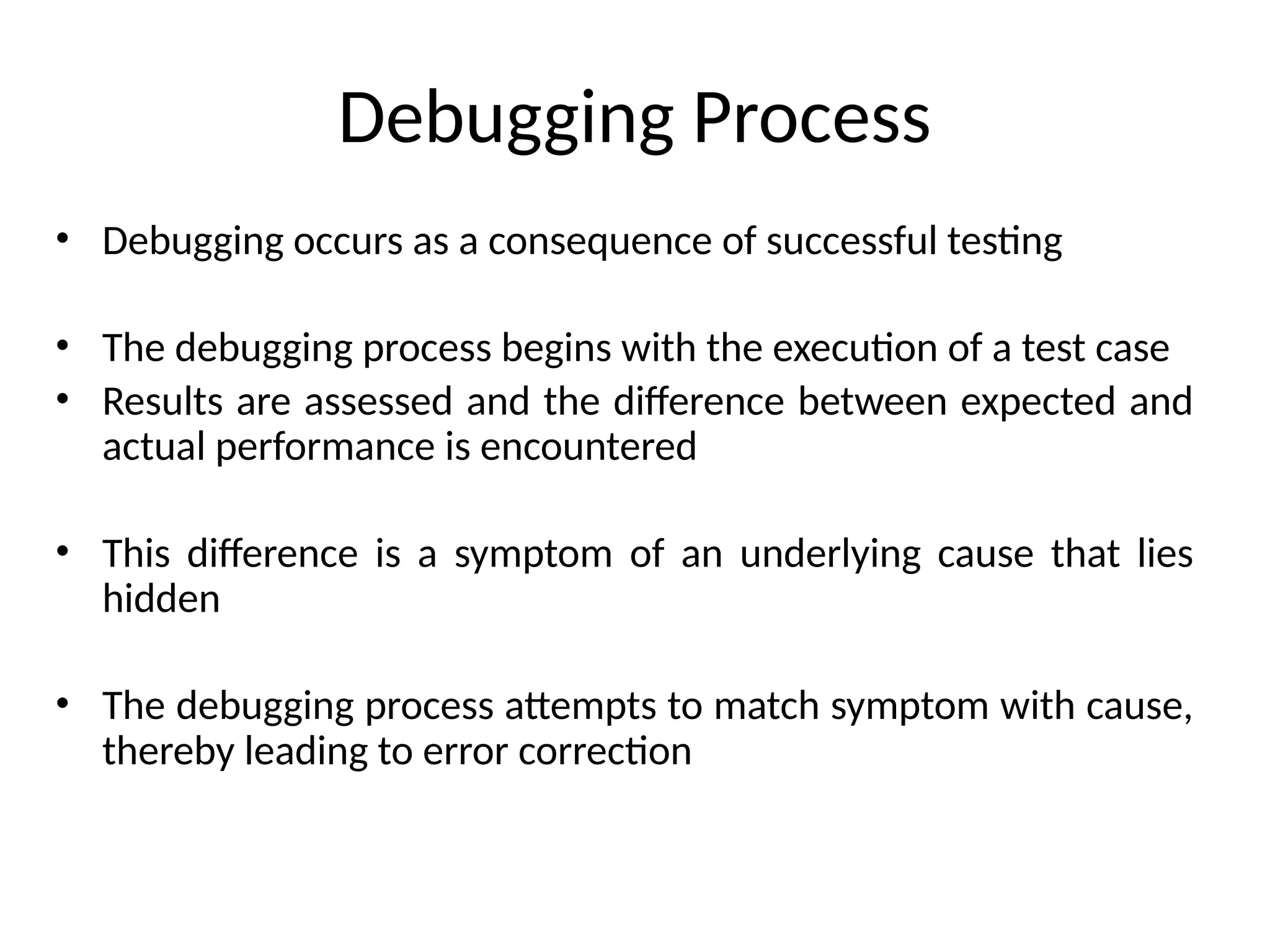 Debugging Process
• Debugging occurs as a consequence of successful testing
• The debugging process begins with the execution of a test case
• Results are assessed and the difference between expected and
actual performance is encountered
• This difference is a symptom of an underlying cause that lies
hidden
• The debugging process attempts to match symptom with cause,
thereby leading to error correction
 