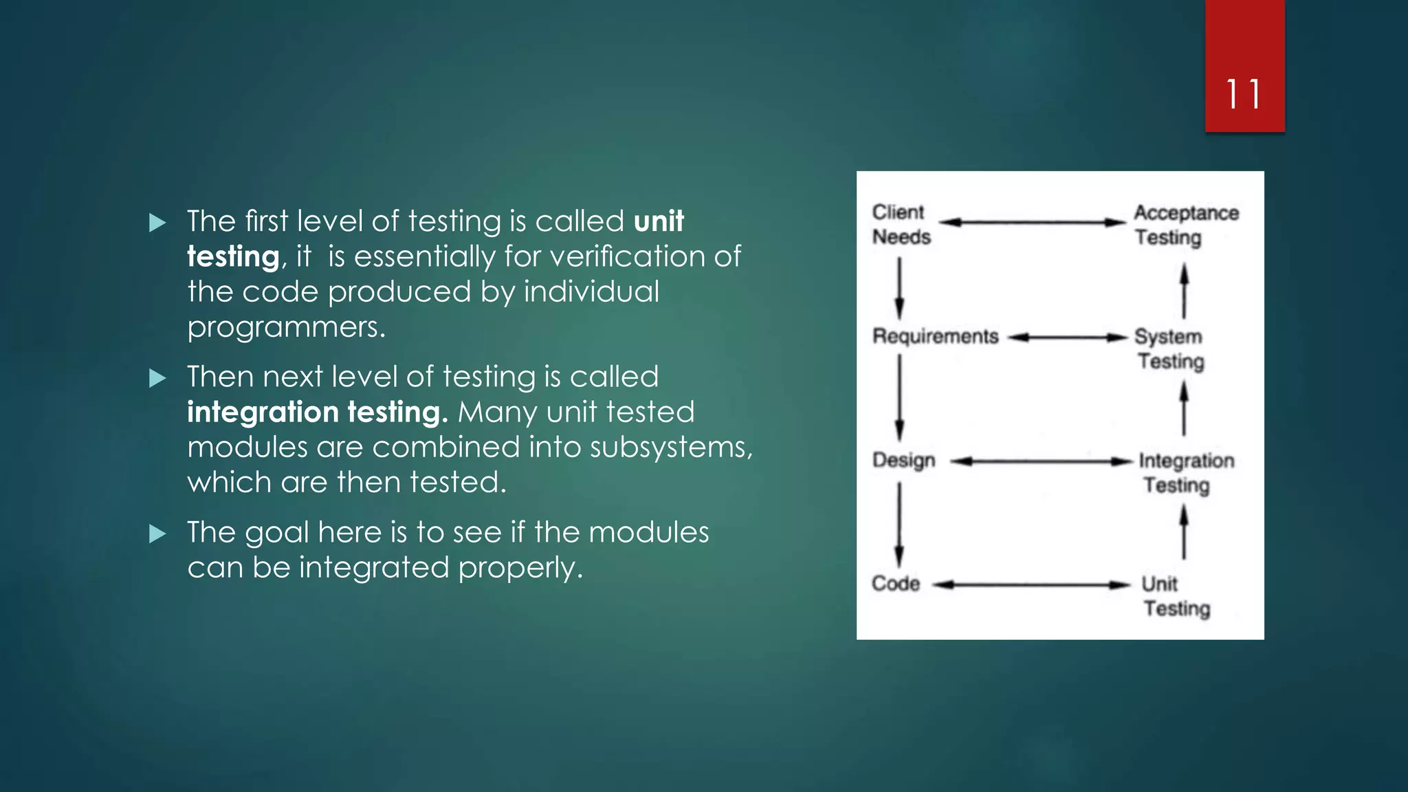  The ﬁrst level of testing is called unit
testing, it is essentially for veriﬁcation of
the code produced by individual
programmers.
 Then next level of testing is called
integration testing. Many unit tested
modules are combined into subsystems,
which are then tested.
 The goal here is to see if the modules
can be integrated properly.
11
 