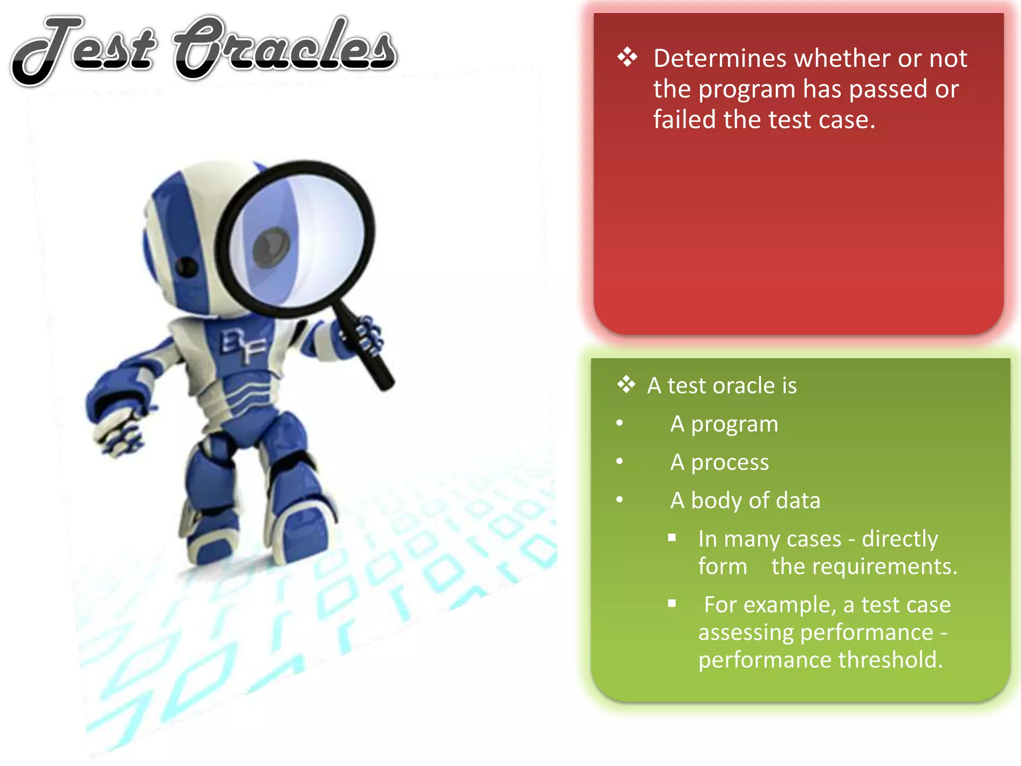 Test activitiesExpected results when the inputs are executed; and Execution conditions or execution environment in which the inputs are to be executed. Boils down to selecting and executing test cases. Test case consists of……Set of test inputs, of if the program is non-terminating, a sequence of test inputs.These steps generally remain same from unit testing to system testing.