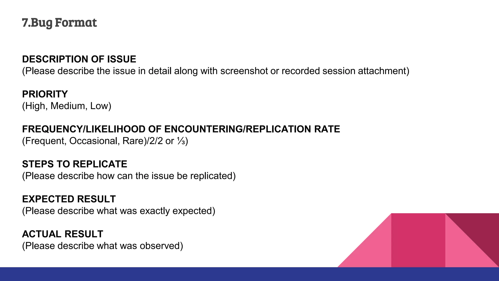 7.Bug Format
DESCRIPTION OF ISSUE
(Please describe the issue in detail along with screenshot or recorded session attachment)
PRIORITY
(High, Medium, Low)
FREQUENCY/LIKELIHOOD OF ENCOUNTERING/REPLICATION RATE
(Frequent, Occasional, Rare)/2/2 or ⅓)
STEPS TO REPLICATE
(Please describe how can the issue be replicated)
EXPECTED RESULT
(Please describe what was exactly expected)
ACTUAL RESULT
(Please describe what was observed)
 