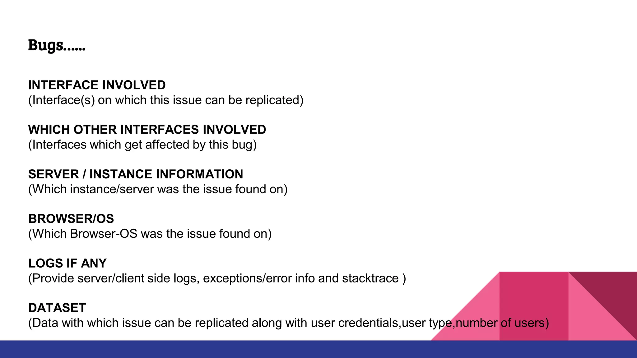 Bugs…...
INTERFACE INVOLVED
(Interface(s) on which this issue can be replicated)
WHICH OTHER INTERFACES INVOLVED
(Interfaces which get affected by this bug)
SERVER / INSTANCE INFORMATION
(Which instance/server was the issue found on)
BROWSER/OS
(Which Browser-OS was the issue found on)
LOGS IF ANY
(Provide server/client side logs, exceptions/error info and stacktrace )
DATASET
(Data with which issue can be replicated along with user credentials,user type,number of users)
 